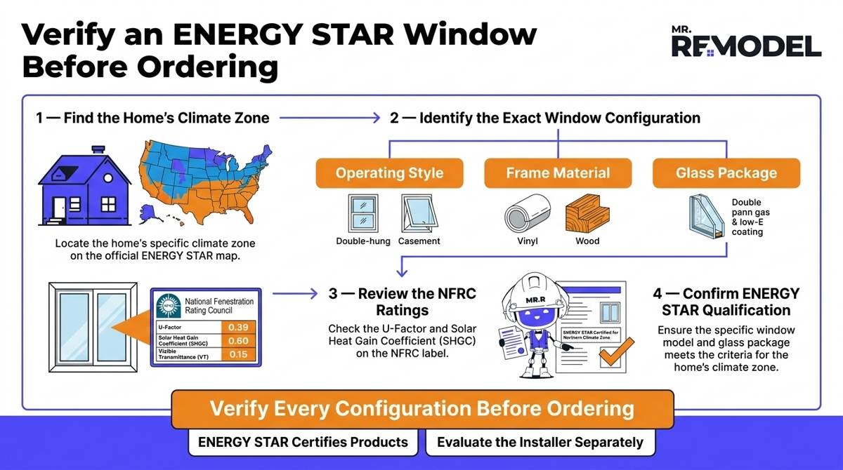 Four-step process for verifying a window’s climate zone, configuration, NFRC ratings, and ENERGY STAR qualification.